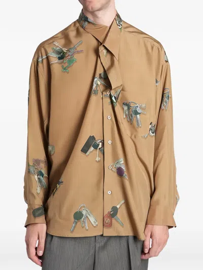 Magliano Key-print Draped-neck Shirt In Gray