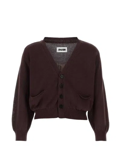 Magliano Cotton Cardigan Ribbed Trims Front Pockets In Burgundy