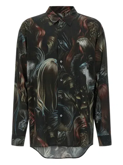 Magliano Wig Motif All-over Print Shirt With Asymmetric Hem In Black