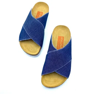 Magnafied Women's Cross Over Sandals In Japanese Denim In Blue
