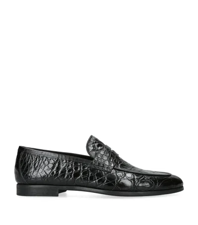 Magnanni Crocodile Leather Penny Loafers In Black