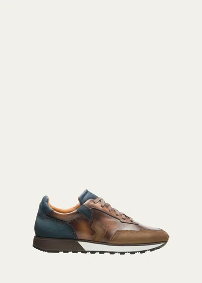 Magnanni Men's Aero Hand-painted Runner Sneakers In Taupe/navy