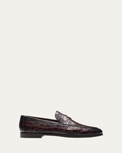 MAGNANNI MEN'S VICENTE CROC LEATHER PENNY LOAFERS