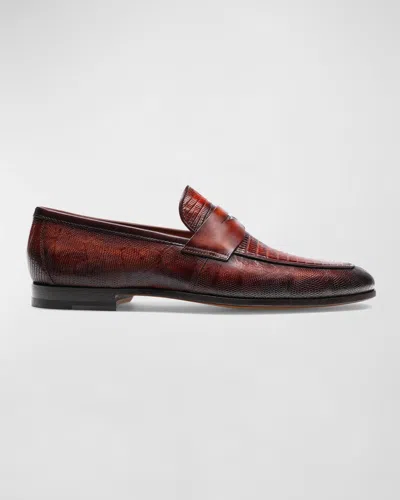 Magnanni Men's Vincente Lizard Penny Loafers In Cognac