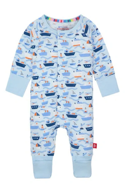 Magnetic Me Babies'  Forever & All Waves Ship Print Magnetic Convertible Romper In Blue