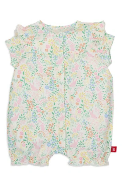 Magnetic Me Babies'  Hoppy Garden Print Modal Ruffle Shoulder Romper In White