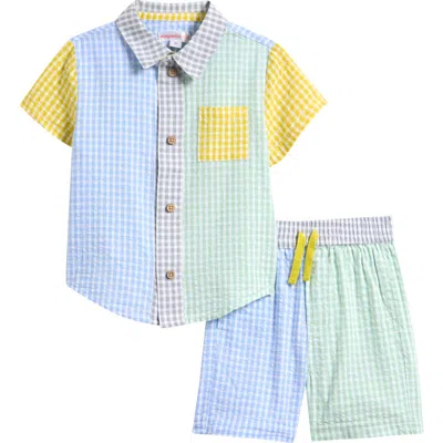 Magnetic Me Babies'  Kids' Gingham Patchwork Magnetic Button-up Shirt & Shorts Set In Blue
