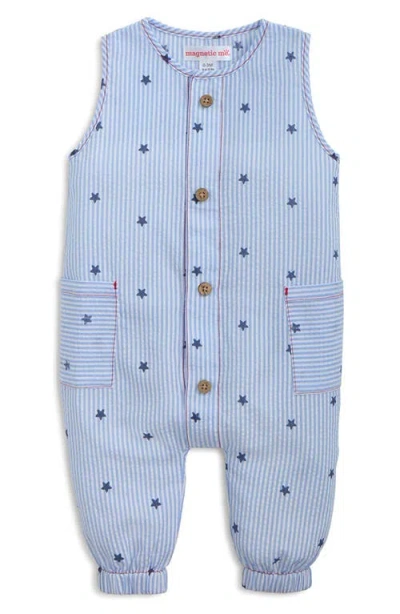Magnetic Me Babies'  Seersucker Stripe Sleeveless Romper In Blue