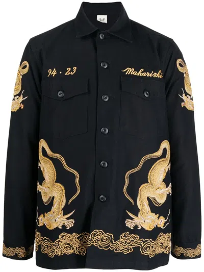 Maharishi Dragon-embroidery Short-sleeve Shirt In Black