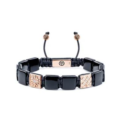 Mahigan Men's Black / Rose Gold / Silver Onyx Macrame Flat-bead Bracelet In Rose Gold - Black String