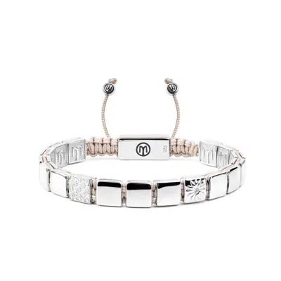 Mahigan Women's Silver Macrame Bracelet – Light Beige String With White Moissanites