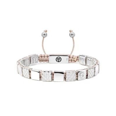 Mahigan Women's Silver Macrame Bracelet With Light Beige String & White Moissanites