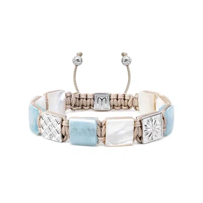 Mahigan Women's White / Silver / Blue Light Beige Macrame Bracelet With Aquamarine And Mother Of Pearl