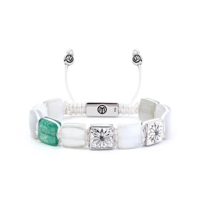 Mahigan Women's White / Silver / Green White Flat-bead Bracelet With Moonstone & Green Strawberry Quartz In 