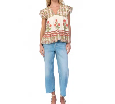 Mahila Breezy Block Print Babydoll Top In Cream In White