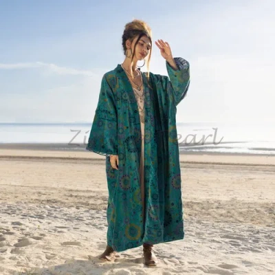 Pre-owned Mai Printed Cotton Velvet Kimono Handmade Gift Elegant Classic Plus Size 1x- 4x In Green