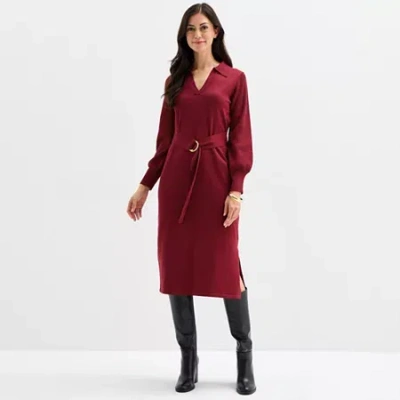 Maia Womens Long Sleeve Belted Midi Sweater Dress In Red