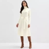 Maia Womens Long Sleeve Belted Midi Sweater Dress In White
