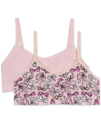 Maidenform Kids' Big Girls Seamless Ruched Crop Bras, Pack Of 2 In Bow Pink Pointelle