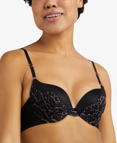 Maidenform Love The Lift Push Up & In Satin Plunge Underwire Bra Dm9900 In Black With Rosegold