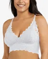 Maidenform Pure Comfort Lace & Mesh Longline Wireless Bralette Dm1188 In White With Silver Lurex