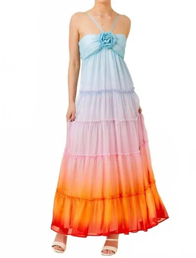 Main Strip 3d Flower Ruffle Trim Ombre Print Maxi Dress In Multi Ombre In Blue