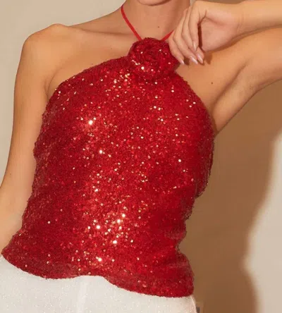 Main Strip 3d Flower Sequin Halter Neck Top In Red