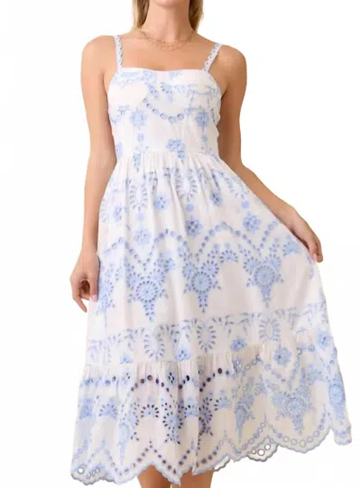 Main Strip Bluebell Eyelet Midi Dress In White/blue In Multi