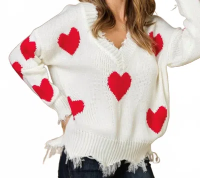 Main Strip Closer To My Heart Distressed Sweater In Off White Red Heart Print
