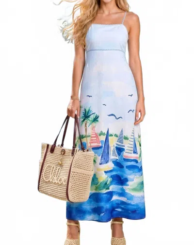 Main Strip Coastal Sailboat Midi Dress In Blue Multi