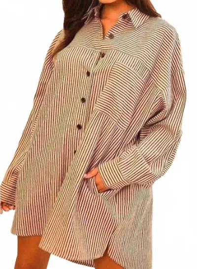 Main Strip Collar Neck Stripe Print Shirt Mini Dress In Beige In Brown