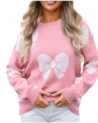 Main Strip Crew Neck Bow Printed Sweater In Pink