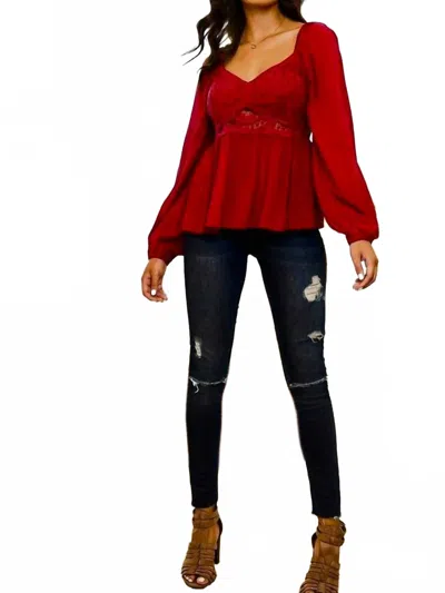 Main Strip Crochet Front Smocked Back Peplum Top In Red