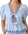 Main Strip Deena V-neck Peplum Blouse With Scallop Edges In Light Blue In Blue