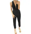 Main Strip Deep V Neck Back Twist Zipper Side Pocket Jumpsuit In Black In Black