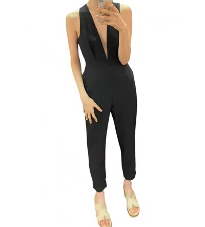Main Strip Deep V Neck Back Twist Zipper Side Pocket Jumpsuit In Black