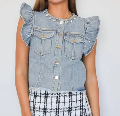 Main Strip Denim Rhinestone Ruffle Vest In Ligh Wash Denim In Multi