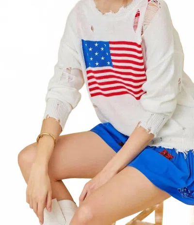 Main Strip Distressed Flag Sweater In White
