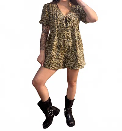 Main Strip Eleanor Tie Front Denim Romper In Leopard In Green