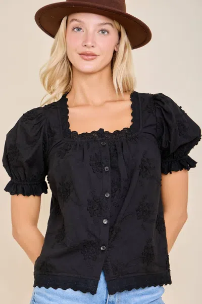 Main Strip Embroidered Puff Sleeve Button Front Blouse In Black