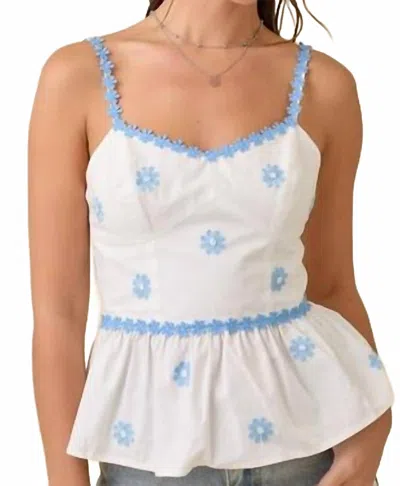 Main Strip Fitted Bustier Tank Top With Flower Lace Trim In White/blue