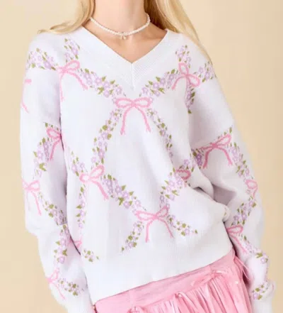 Main Strip Floral Bow Vneck Sweater In White/pink In Multi
