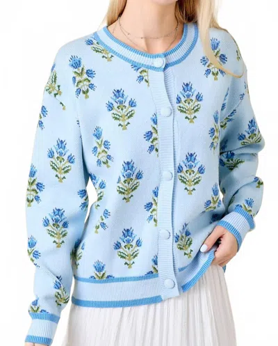 Main Strip Floral Jacquard Sweater Knit Cardigan Top In Light Blue