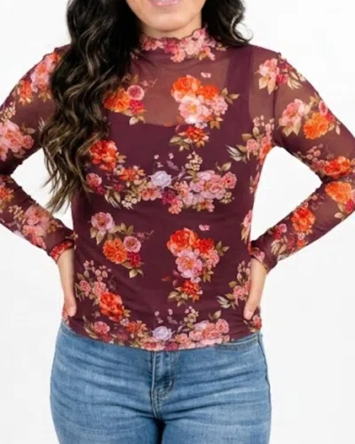 Main Strip Floral Mesh Top In Chocolate In Burgundy