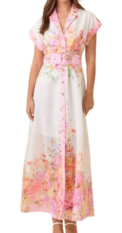 Main Strip Floral Print Lapel Collar Button Down Maxi Dress In Pink In Multi