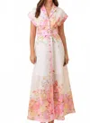 Main Strip Floral Print Lapel Collar Button Down Maxi Dress In Pink In White