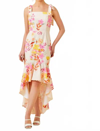 Main Strip Floral Printed High-low Ruffled Midi Dress In Floral Multi In White