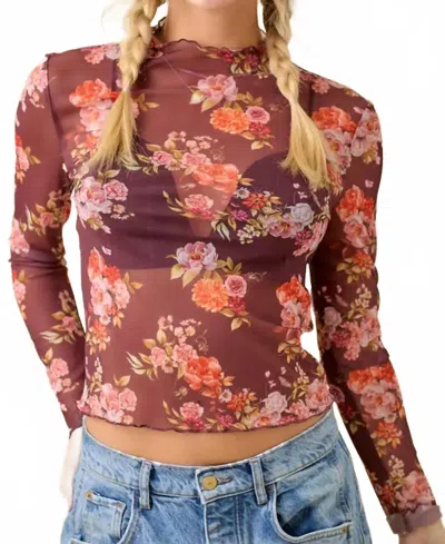Main Strip Floral Printed Long Sleeve Mesh Top In Burgundy In Multi