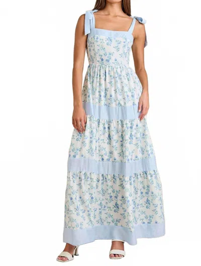 Main Strip Floral Printed Maxi Shoulder Tie Dress In Multi In Blue