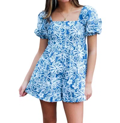 Main Strip Floral Velvet Denim Romper In Blue